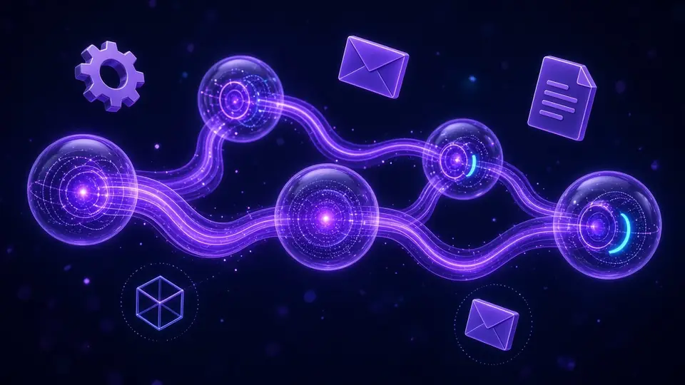 Violet neon AI agent nodes connected by glowing workflow lines