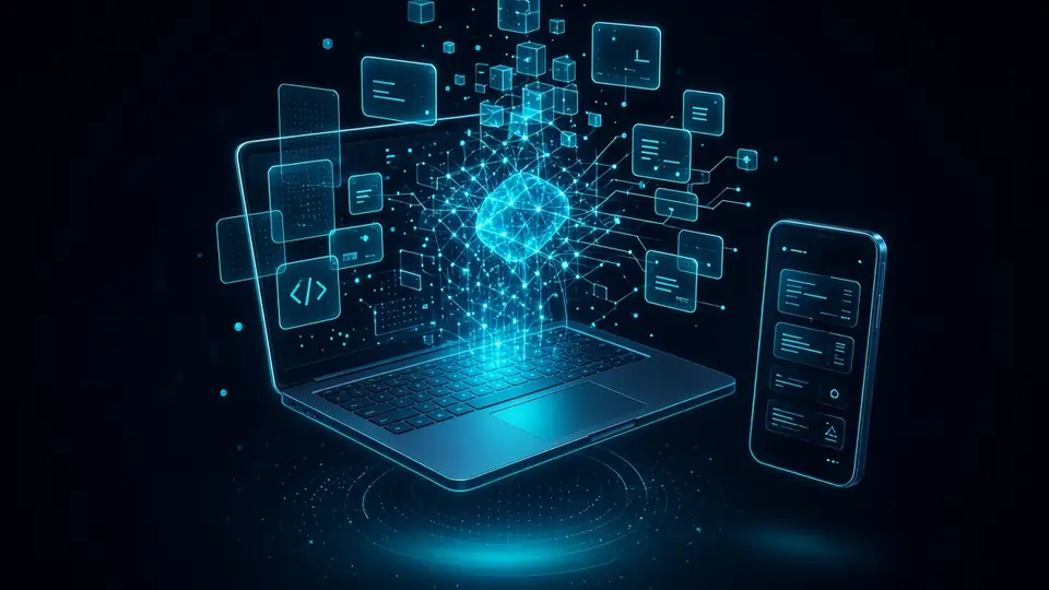 Teal glowing laptop and smartphone with holographic AI app interface panels