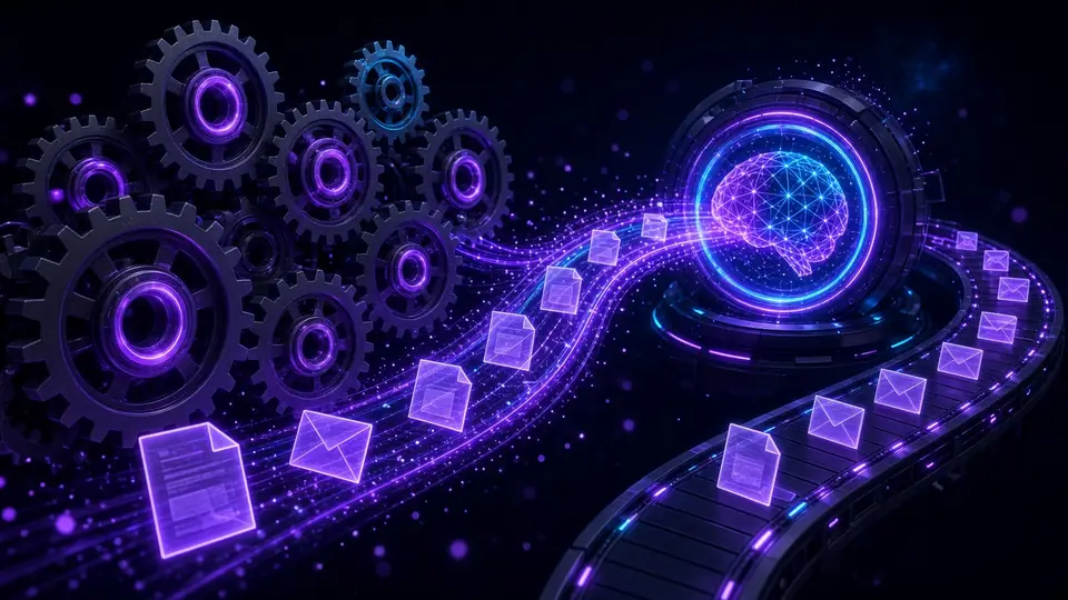 Glowing gears and a light conveyor carrying documents into an AI processing core