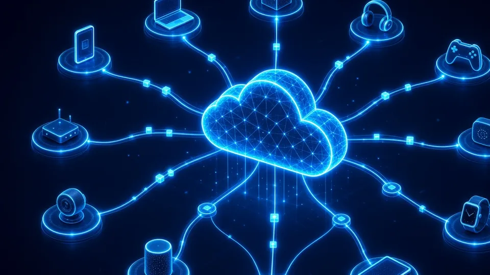 Blue neon server racks streaming data into a glowing network cloud