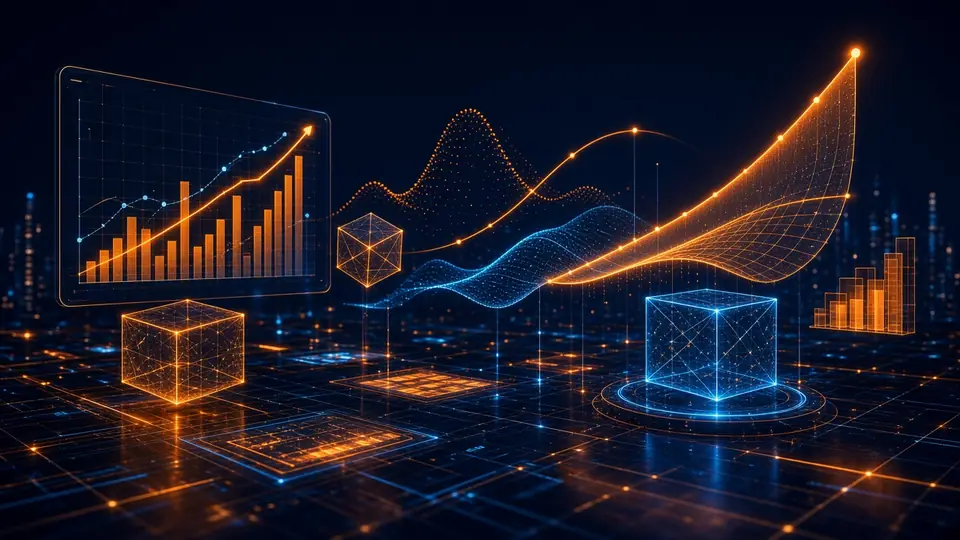 Amber and blue holographic business intelligence charts and forecast curves over a glowing grid