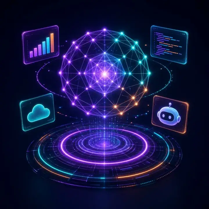 Holographic AI network core surrounded by floating analytics, code, cloud and AI agent panels