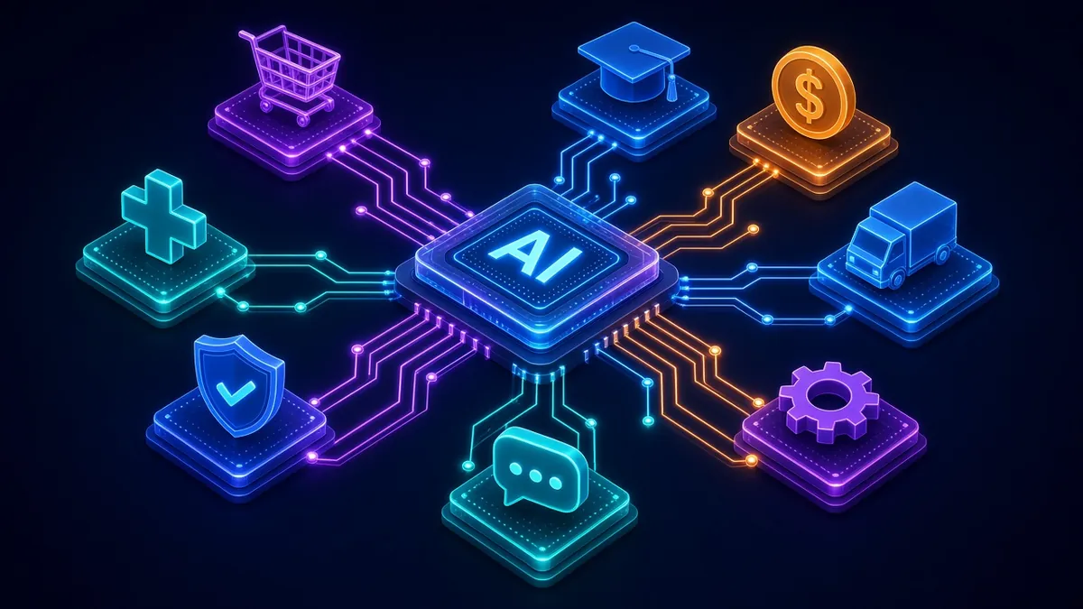 Neon AI hub connected to retail, healthcare, finance, real estate, logistics, manufacturing and education icons