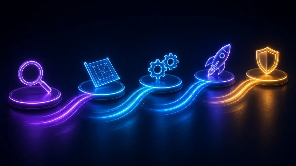 Five glowing platforms linked by a neon path, representing discovery, design, build, launch and support