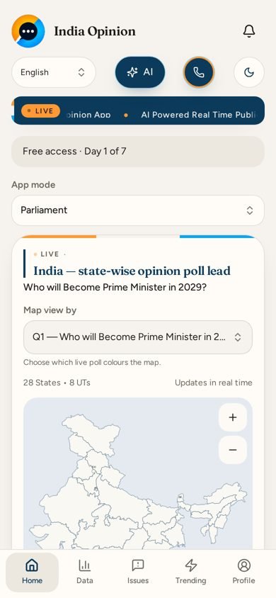 India Opinion home screen with language, AI and call buttons