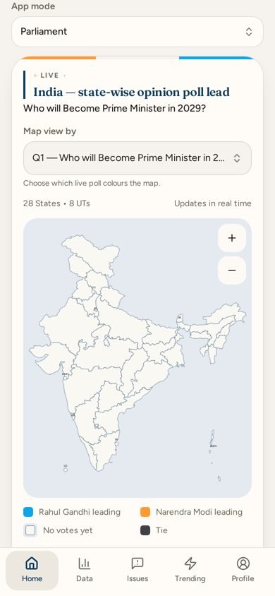 Live India map coloured by poll lead