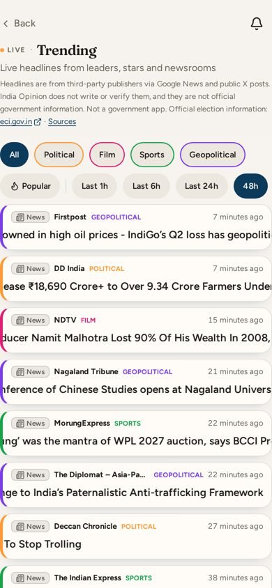 Trending headlines with category filters