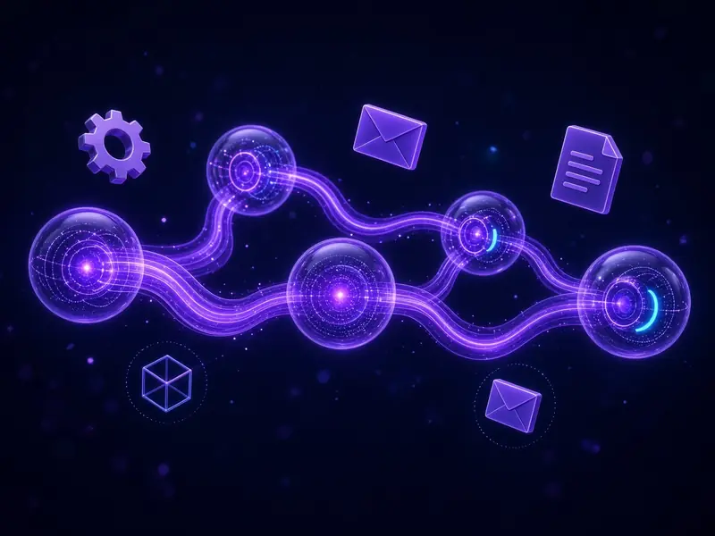Violet neon illustration of connected AI agent nodes automating email, document and workflow tasks