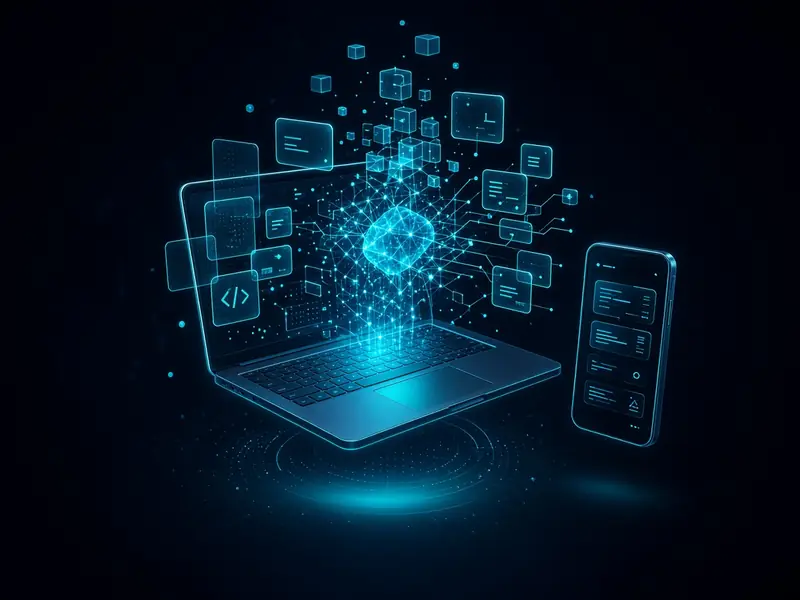 Teal glowing laptop and smartphone with holographic AI application interface panels