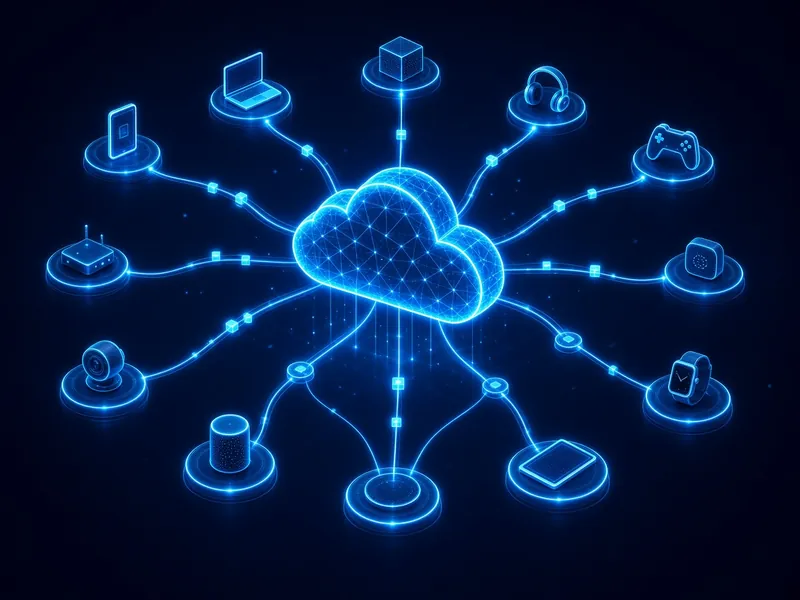 Blue neon server racks streaming data into a glowing network cloud