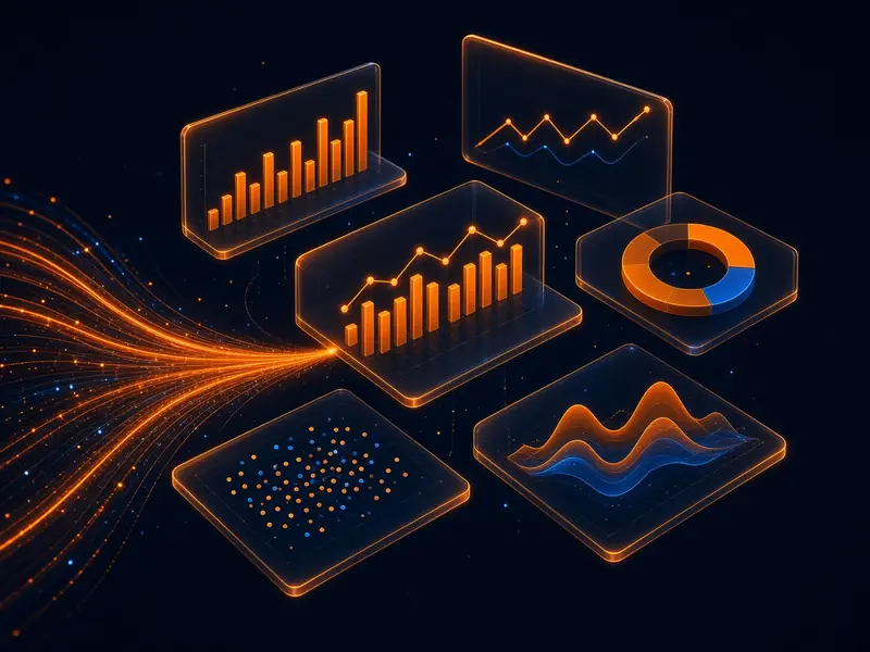 Amber holographic analytics dashboards with bar charts, line graphs and donut charts